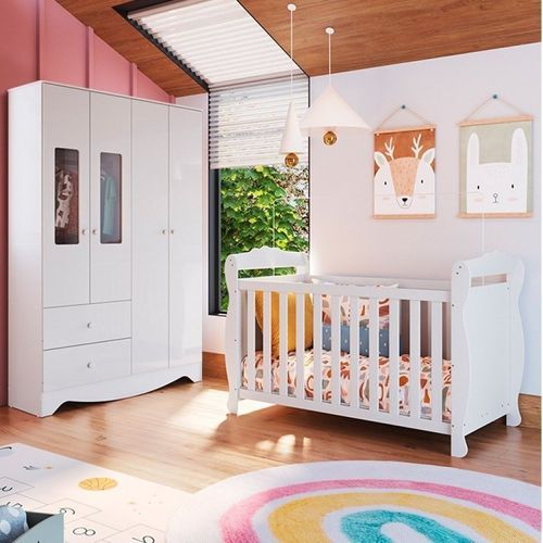 Quarto de Bebê Berço Americano e Guarda Roupa com Janelas Retangulo Cocada Espresso Móveis Branco Brilho