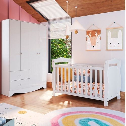 Quarto de Bebê Berço Americano e Guarda Roupa 4 Portas Cocada Espresso Móveis Branco Brilho