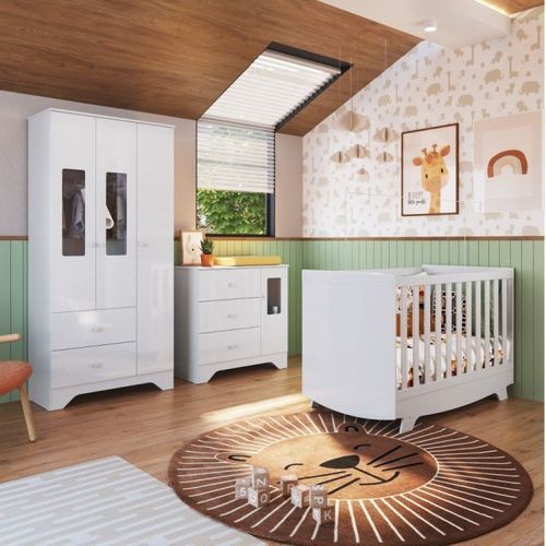 Quarto de Bebê Guarda Roupa Cômoda Janelas Retângulo e Berço Americano Kakau Retrô Espresso Móveis Branco Brilho