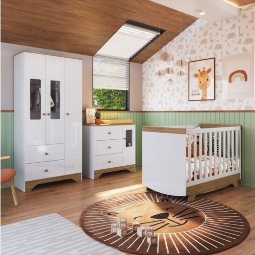 Quarto de Bebê Guarda Roupa Cômoda Janelas Retangulo e Berço Americano Cocada Branco Brilho / Carvalho