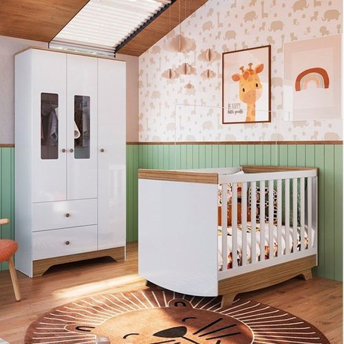 Quarto de Bebê Guarda Roupa com Janelas Retangulo e Berço Americano Cocada Branco Brilho / Carvalho