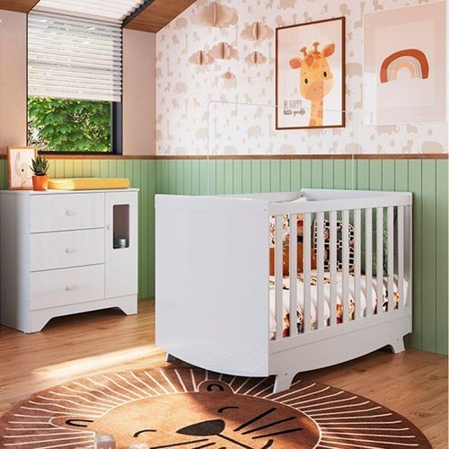 Quarto de Bebê Cômoda com Janelas Retângulo e Berço Americano Kakau Retrô Espresso Móveis Branco Brilho