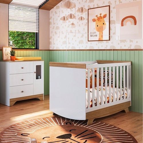 Quarto de Bebê Cômoda com Janelas Retângulo e Berço Americano Kakau Retrô Espresso Móveis Branco Brilho/Carvalho