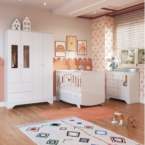 Quarto de Bebê Cômoda Guarda Roupa Janelas Retângulo e Berço Americano Kakau Retrô Espresso Móveis Branco Brilho