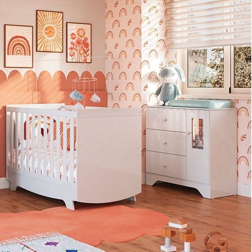Quarto de Bebê Berço Americano e Cômoda com Janelas Retângulo Kakau Retrô Espresso Móveis Branco Brilho