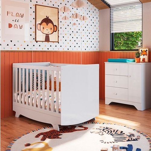 Quarto de Bebê com Cômoda 1 Porta e Berço Americano Kakau Retrô Espresso Móveis Branco Brilho