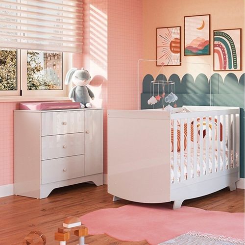 Quarto de Bebê com Berço Americano e Cômoda 1 Porta Kakau Retrô Espresso Móveis Branco Brilho