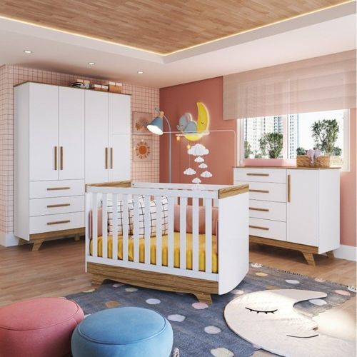 Quarto de Bebê Guarda Roupa Cômoda e Berço Americano Deby Retrô Branco Brilho/Carvalho