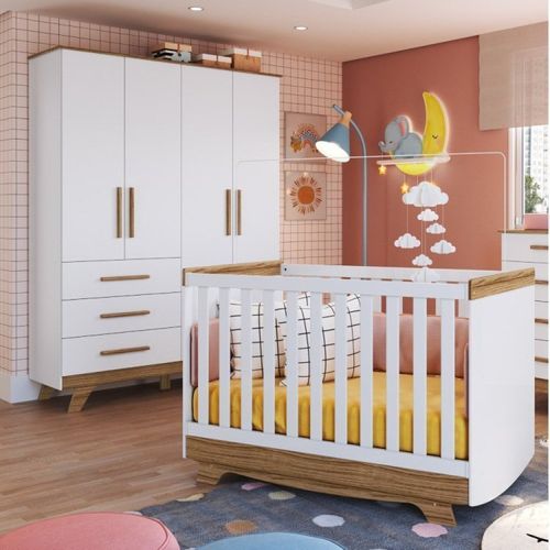 Quarto de Bebê com Guarda Roupa e Berço Americano Deby Retrô Espresso Móveis Branco Brilho/Carvalho