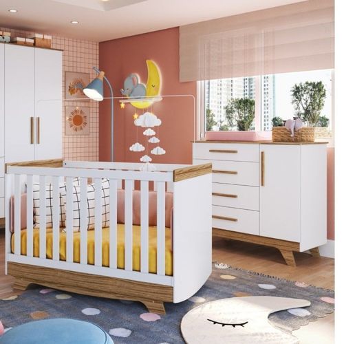 Quarto de Bebê com Cômoda e Berço Americano Deby Retrô Branco Brilho/Carvalho