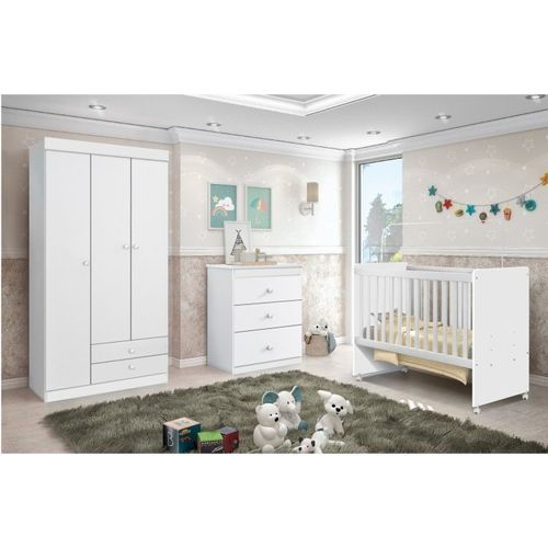 Quarto de Bebê com Guarda-roupa 3 Portas Cômodas 3 Gavetas e Berço Mini Cama Catatau Branco