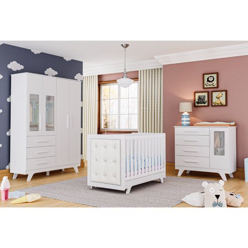 Quarto de Bebê Completo Guarda Roupa com Janela Cômoda e Berço com Capitone Retrô Jolie Branco/Brilho
