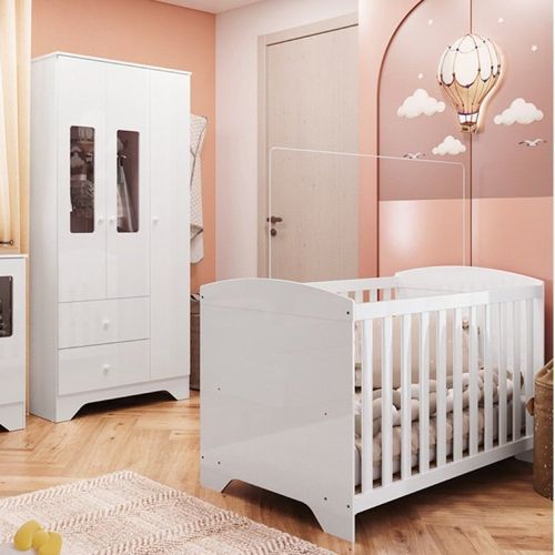 Quarto de Bebê Guarda Roupa com Janelas Retangulo e Berço Americano 100% MDF 100% MDF Ayla Branco Brilho