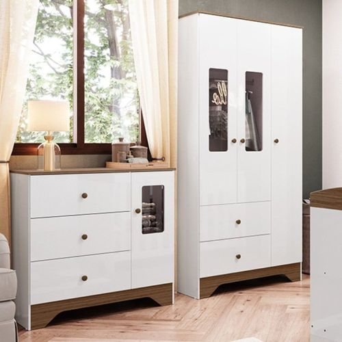 Quarto Infantil com Guarda Roupa e Cômoda com Janelas Retângulo 100% MDF Cocada Branco Brilho / Carvalhop