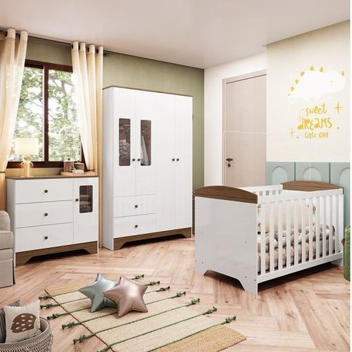 Quarto de Bebê Berço Americano Guarda Roupa e Cômoda com Janelas Retangulo 100% MDF Ayla Branco Brilho/Carvalho