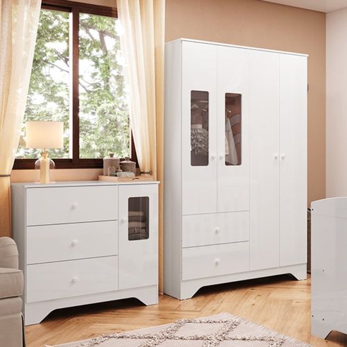 Quarto Infantil com Cômoda e Guarda Roupa com Janelas Retangulo 100% MDF Cocada Branco Brilho