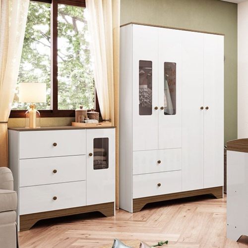 Quarto Infantil com Cômoda e Guarda Roupa com Janelas Retangulo 100% MDF Cocada Branco Brilho / Carvalhop
