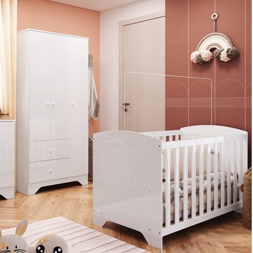 Quarto de Bebê com Guarda Roupa e Berço Americano 100% MDF Ayla Branco Brilho