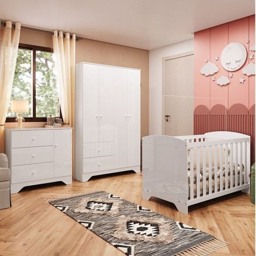 Quarto de Bebê com Berço Americano Guarda Roupa e Cômoda 100% MDF Ayla Branco Brilho
