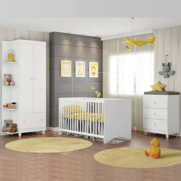 Conjunto para Quarto Infantil Berço, Cômoda 3 Gavetas e Guarda Roupa Mia Branco