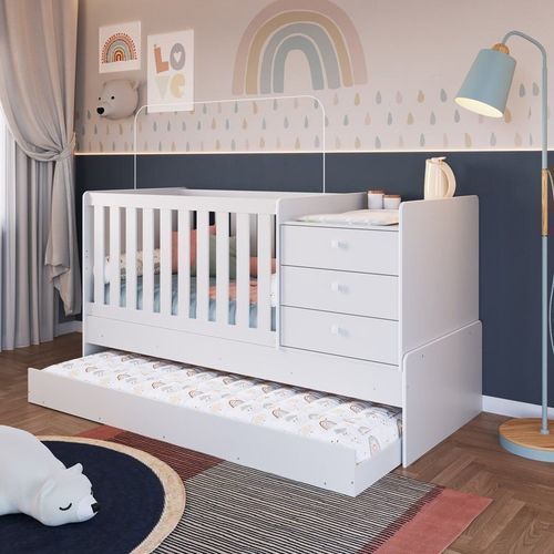 Berço Cama Multifuncional com Auxiliar 2 Colchões Branco Branco