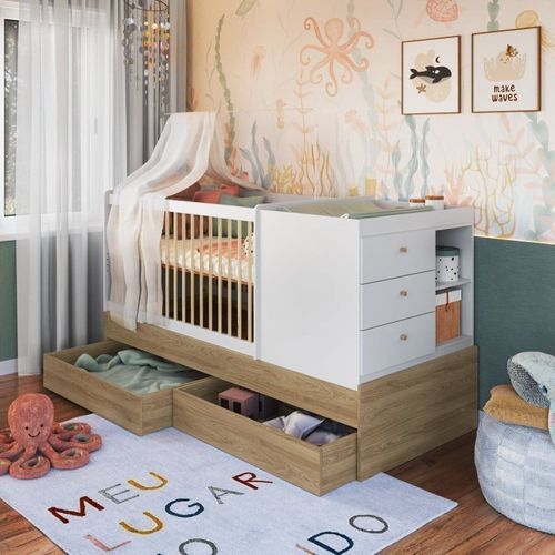 Berço Cama Multifuncional com Gavetões 2 Colchões Marrom/Aveiro Oak/Branco Aveiro Oak/Branco