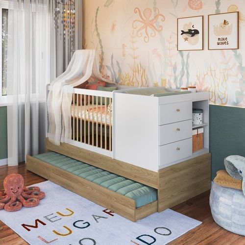 Berço Cama Multifuncional com Auxiliar 2 Colchões Marrom/Aveiro Oak/Branco Aveiro Oak/Branco