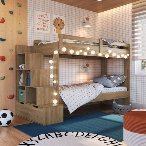 Beliche Infantil com Escada Nichos 2 Gavetas 2 Colchões Marrom/Aveiro Oak Aveiro Oak