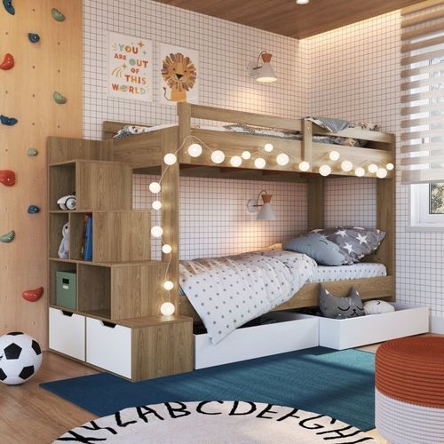 Beliche Infantil com Escada Nichos 2 Gavetões 2 Colchões Marrom/Aveiro Oak/Branco Aveiro Oak/Branco