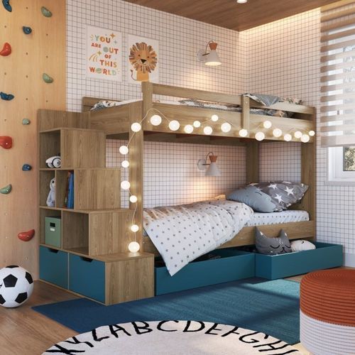 Beliche Infantil com Escada Nichos 2 Gavetões 2 Colchões Aveiro Oak/Azul Secreto