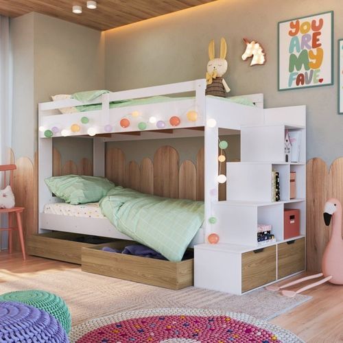 Beliche Infantil com Escada 5 Nichos 2 Gavetões 2 Colchões Branco/Aveiro Oak Branco/Aveiro Oak