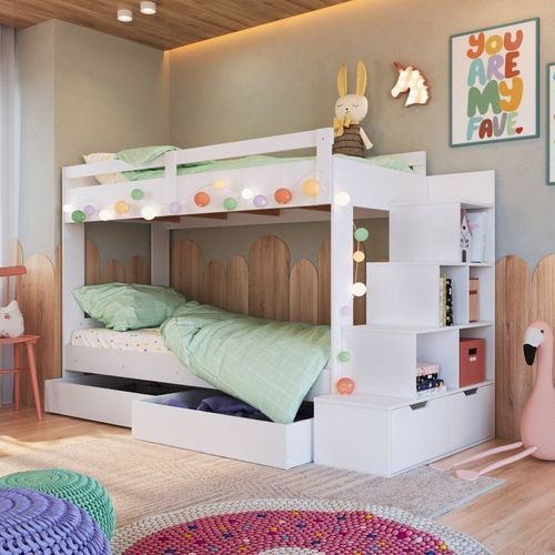 Beliche Infantil com Escada 5 Nichos 2 Gavetões 2 Colchões Branco Branco