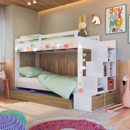 Treliche Infantil com Cama Auxiliar 3 Colchões Branco/Aveiro Oak Branco/Aveiro Oak