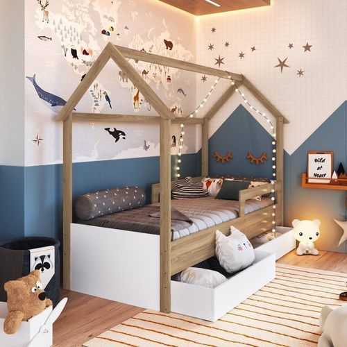 Cama Infantil Montessoriana 2 Gavetões Inferiores 1 Colchão Aveiro Oak/Branco