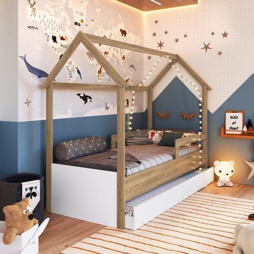 Cama Infantil Montessoriana com Cama Auxiliar 2 Colchões Aveiro Oak/Branco