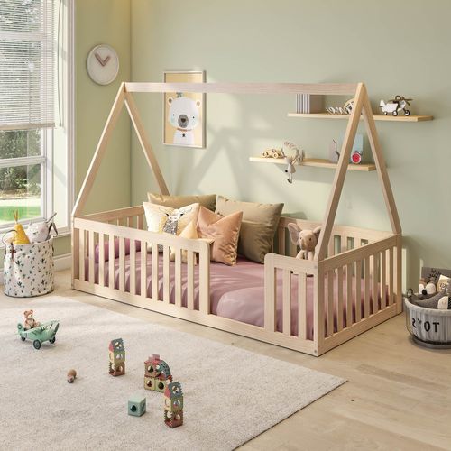 Cama Montessoriana Solteiro em Madeira Maciça com Grade e Telhado Giulia Casatema Natural