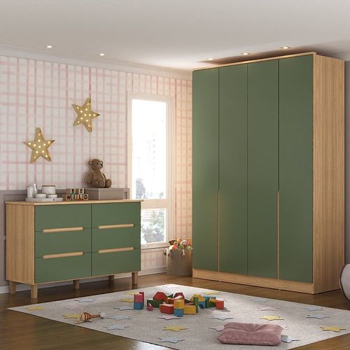 Quarto Infantil com Guarda-roupa e Cômoda Sky Olmo Italiano/Verde