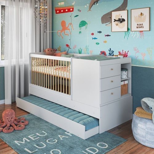 Berço Cama Multifuncional com Auxiliar MDP 2 Colchões Branco Branco