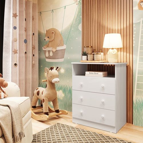 Cômoda Infantil 3 Gavetas 100% MDF Smim New Móveis Peroba Branco Brilho