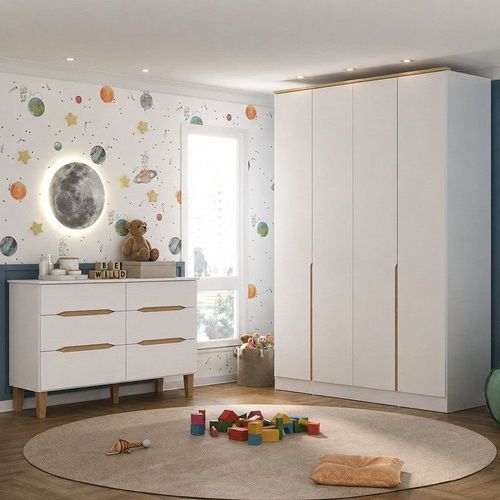 Quarto Infantil / Juvenil com Guarda-Roupa e Cômoda Sky Yescasa Branco/Olmo Italiano