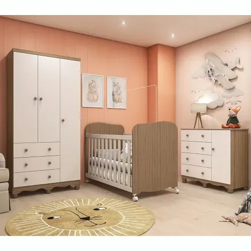 Quarto de Bebê Completo com Guarda Roupa e Cômoda Júnior e Berço Uli Móveis Peroba Branco Brilho/Carvalho