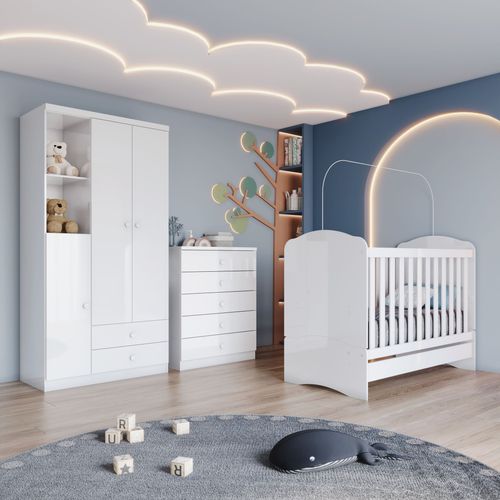 Quarto de Bebê com Guarda Roupa 3 Portas Cômoda e Berço Faz de Conta Espresso Móveis Branco/Branco/Rosa