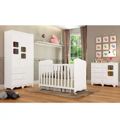 Quarto de Bebê Completo com Guarda Roupa Cômoda com Janela e Berço 100% MDF Uli Móveis Peroba Branco Brilho