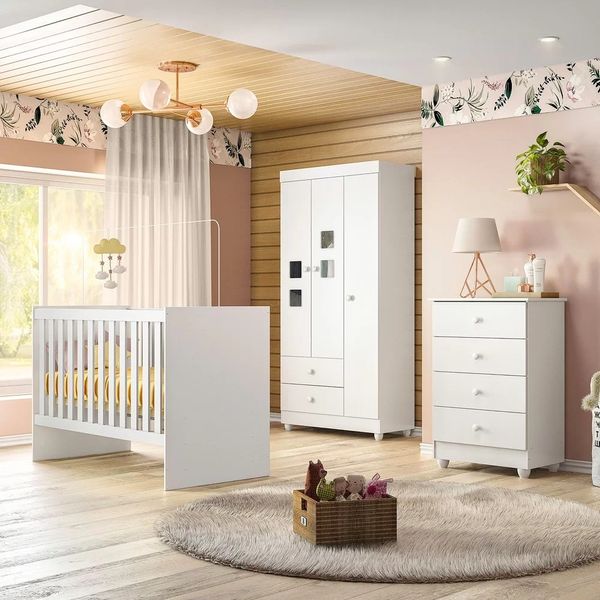 Quarto de Bebê com Guarda-Roupa 3 Portas Cômoda e Berço Faz de Conta  Espresso Móveis