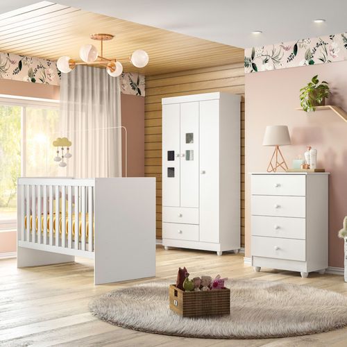 Quarto de Bebê Completo 100% MDF com Guarda Roupa 3 Portas, Cômoda e Berço Life Espresso Móveis Branco