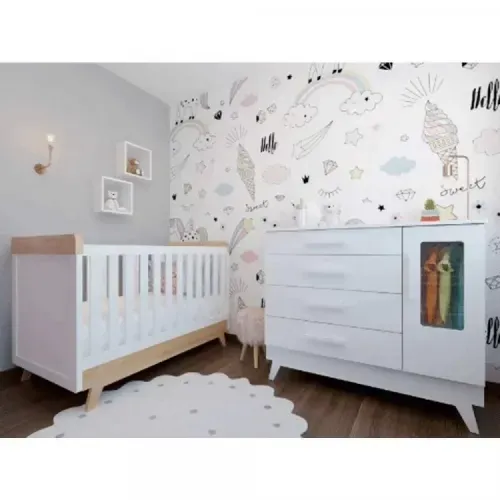 Quarto de Bebê com Berço Cômoda com Janela e 2 Nichos 100% MDF Retrô Kakau Espresso Móveis Branco Brilho/Carvalho