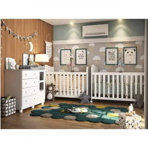Quarto de Bebê Irmãos com 2 Berços e Cômoda com Janela 100% MDF Uli Móveis Peroba Branco Brilho