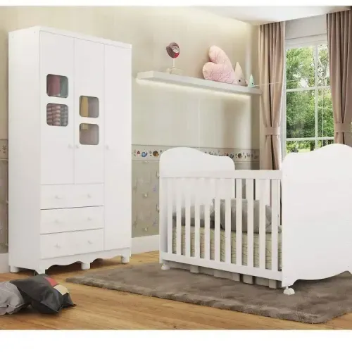 Quarto de Bebê com Guarda Roupa 1 Porta com Janela e Berço 100% MDF Uli Branco Brilho