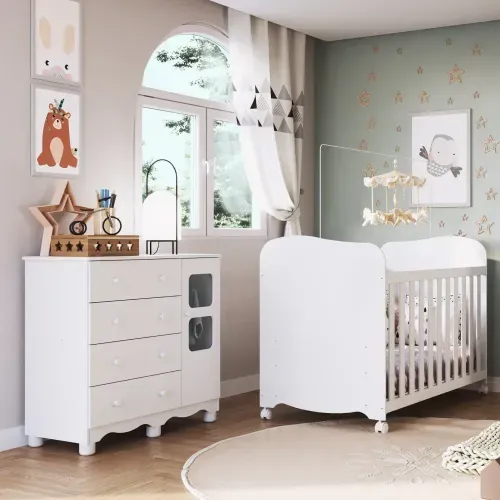 Quarto de Bebê com Cômoda 1 Porta com Janela e Berço 100% MDF Mimo Branco Brilho