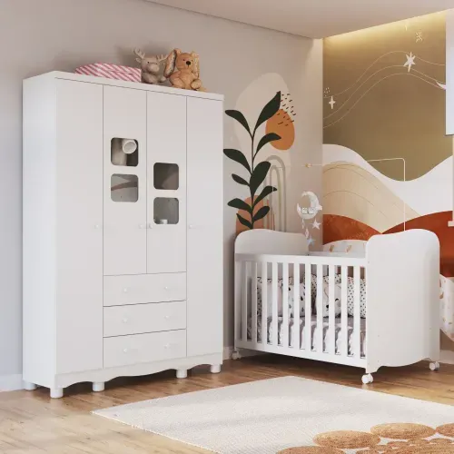 Quarto de Bebê com Guarda Roupa 4 Portas com Janelas e Berço 100% MDF Mimo Espresso Móveis Branco Brilho